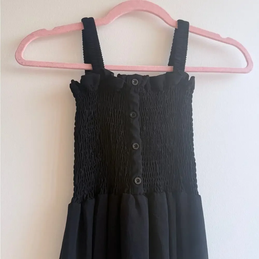 Black Smocked Sundress with Buttons